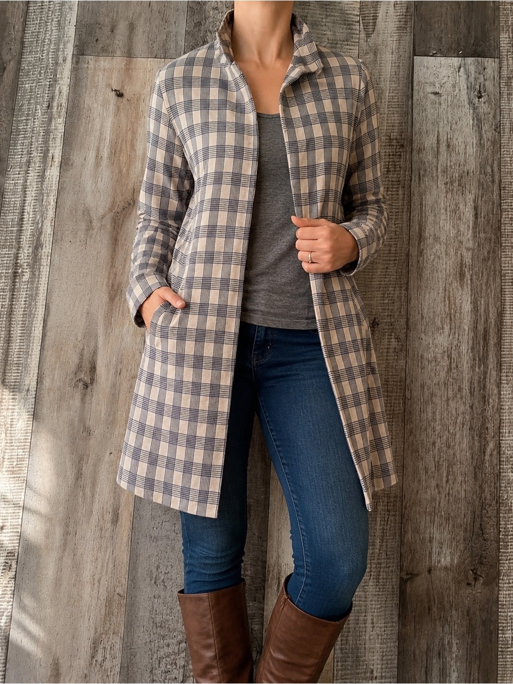 MELLODAY‎ brown tone Plaid Longline jacket- size M